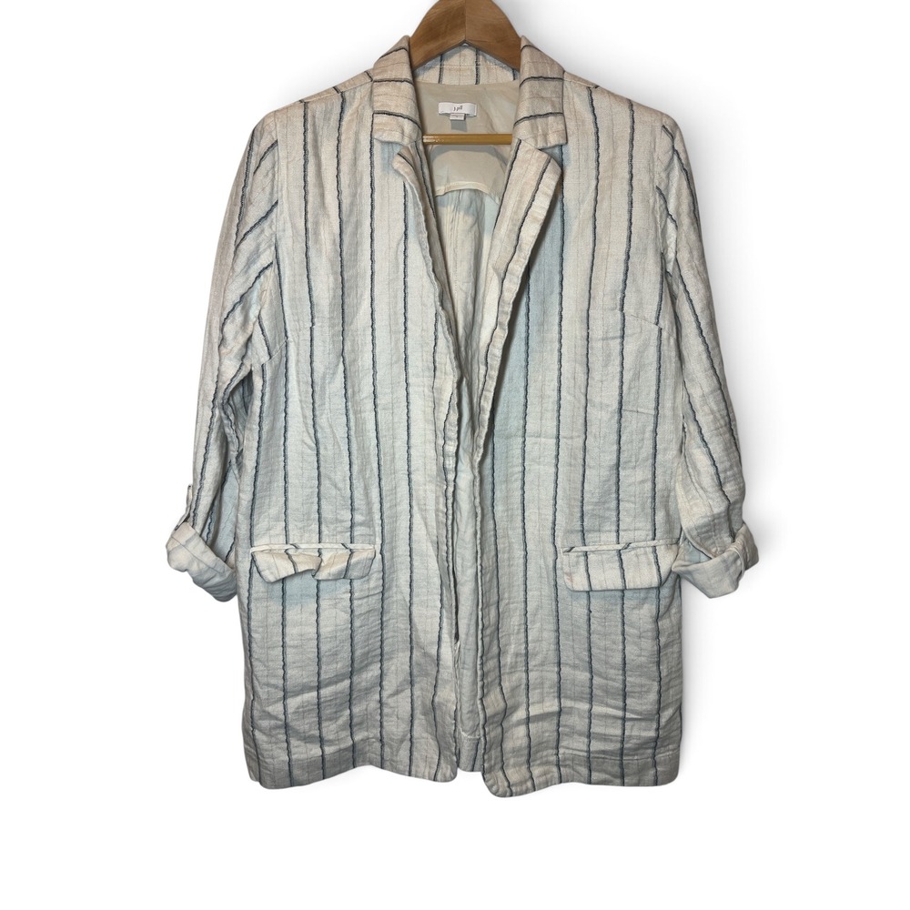 J. Jill Linen Cotton Striped Blazer M Open Front Roll Tab Sleeve Lagenlook
